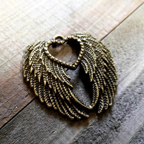 Large Angel Wing Pendant Wing Pendant Antiqued Bronze Wing Pendant Ornate Angel Wing Pendant Heart Wing Pendant