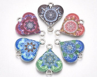 Enamel Heart Charms Silver Connector Heart Pendants Assorted Lot Links Mixed Supplies 3pcs 20mm