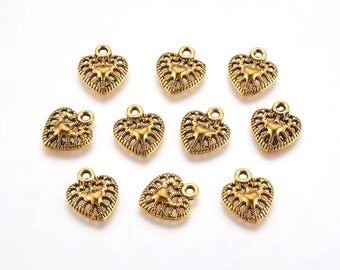 Gold Heart Charms Antiqued Gold Heart Pendants Gold Charms BULK Charms Filigree Heart Charms Set 10pcs
