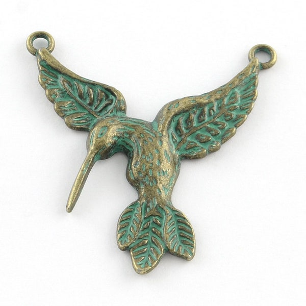 Hummingbird Pendant Connector Antiqued Bronze Hummingbird Patina Pendant Verdigris Patina Charm Hummingbird Link Connector 2 Holes *