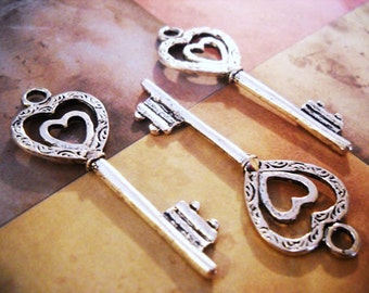 Heart Key Pendants Antiqued Silver Keys Heart Keys Skeleton Keys Key Charms 2 Sided 50mm 10pcs