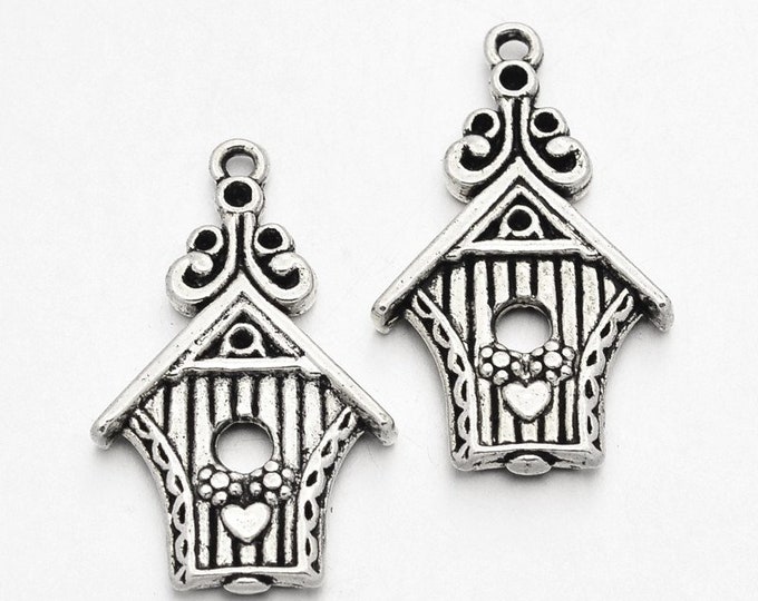 4 Birdhouse Charms Antiqued Silver Bird House Charms House Pendants