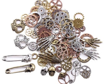 Ciondoli Steampunk Ciondoli Steampunk Set di ciondoli gotici Ciondoli assortiti Ciondoli a forma di teschio Ciondoli a forma di teschio Ciondoli all'ingrosso Rame Argento Bronzo 92 pezzi
