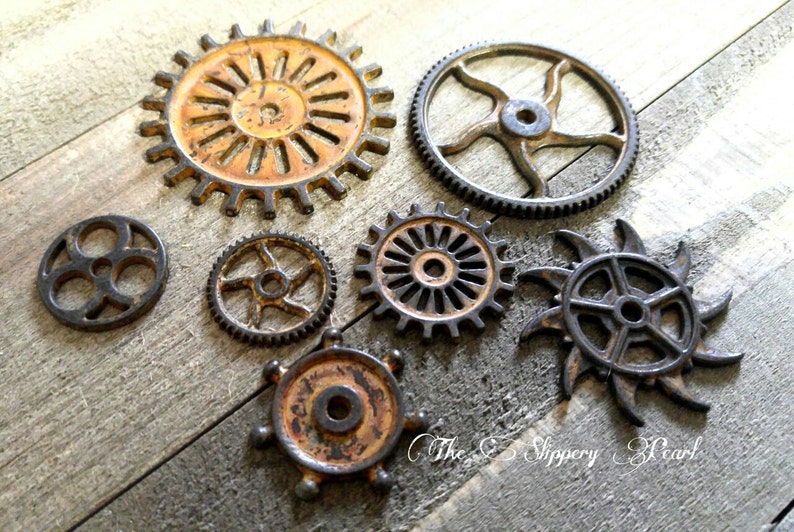 Clock Gears Clock Parts Clock Mechanism Brass Gears Rusty Metal Gears Steampunk Gears Assorted Gears 7 pieces PREORDER image 1