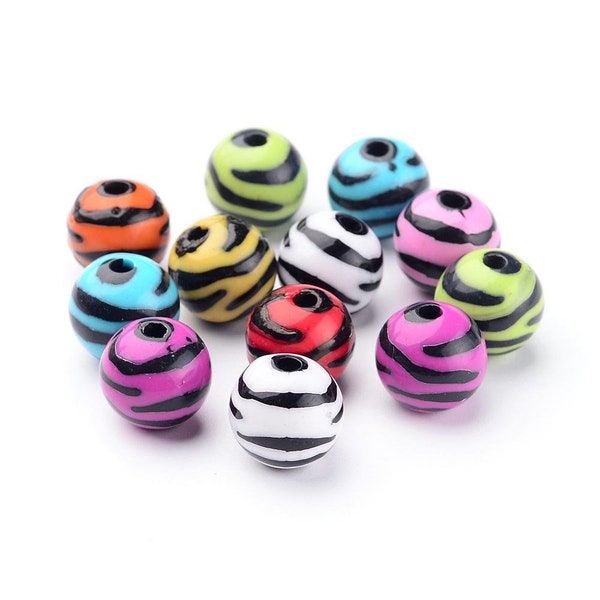 Zebra Beads Assorted Colors Acrylic Beads Set Rainbow Zebra Colors 11mm Beads 11mm Acrylic Beads 20pcs