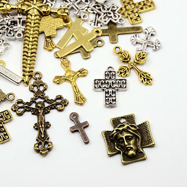 Mixed Cross Charms Assorted Lot Mixed Religious Pendants Christian Catholic Findings Jewelry Supplies Gold Silver Bronze Copper 10pcs