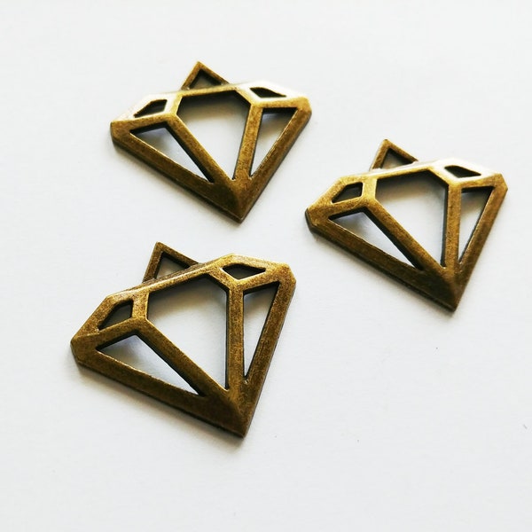 Diamond Pendants Antiqued Bronze Diamond Charms Diamond Shape Charms Large Diamond Charms Bronze Charms Set 3pcs