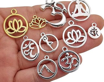 Lotus Charms Lotus Pendants Antiqued Silver Gold Lotus Flower Charms Floral Charms OM Charms Yoga Charms 8pcs