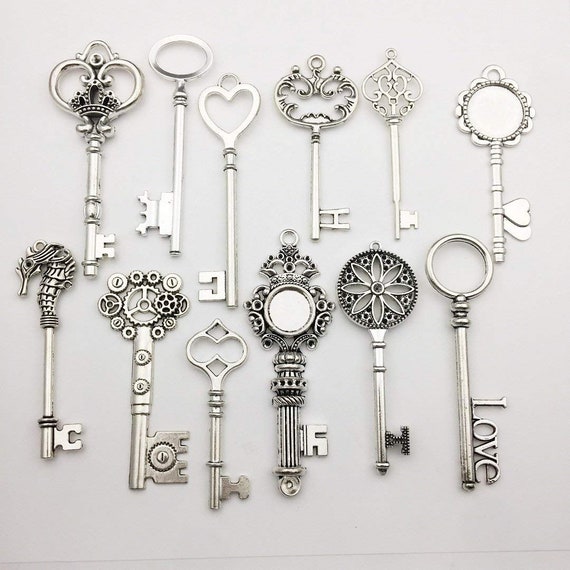 Key Charms Skeleton Key Pendants Antiqued Silver Keys Assorted Keys Wholesale Steampunk Keys 12 Pieces 60mm to 80mm