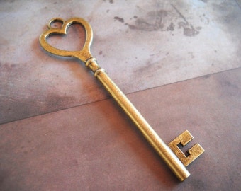 Big Key Pendant Heart Key Antiqued Bronze Heart Top Key Skeleton Key Steampunk Key To My Heart 84mm