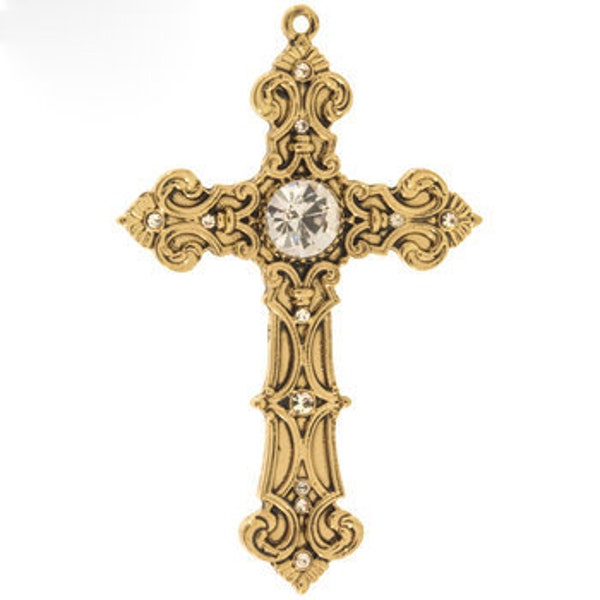 Gold Cross Pendant Gold Cross Charm Rhinestone Cross Religious Charm Ornate Cross Christian Cross Charm 2 1/16" PREORDER