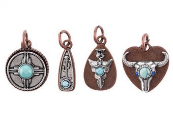 Southwestern Charms Antiqued Copper Antiqued Silver Turquoise Charms Western Charms Arrowhead Charm Longhorn Charm Set Charms with Rings PRE