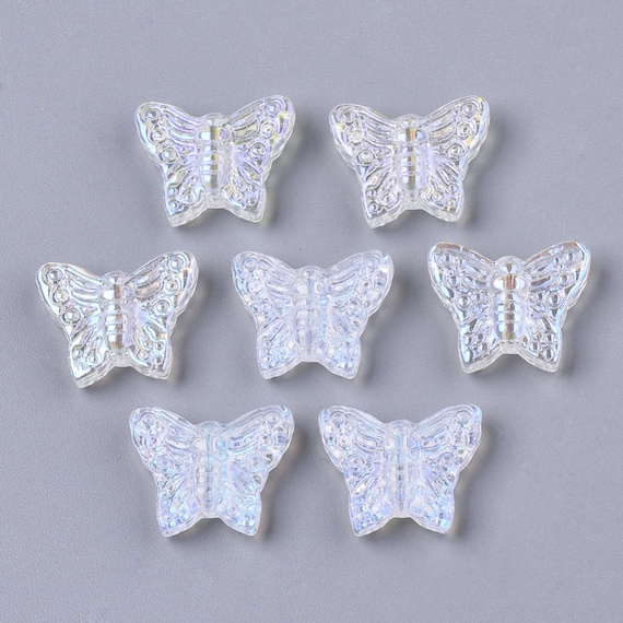 Glass Butterfly Beads Clear Beads Clear Butterfly Beads 2 Sided Top Drilled  Beads Spring Beads AB Shimmer Beads Monarch Jewelry 10pcs 13mm