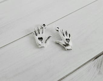 Hand Charms Heart Hand Charms Antiqued Silver Charms Love Charms Valentines Charms Silver Hand Charms 10 pieces