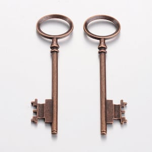May include: Two antique-style keys with a copper finish. The keys have a round head and a decorative, ornate bottom.