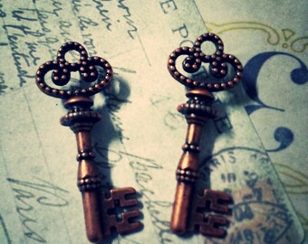 May include: Two antique-style bronze keys with ornate tops and detailed key bits rest on vintage postcards. The keys have a reddish-brown hue, and the postcards feature faded text and a sepia tone, creating a nostalgic aesthetic.