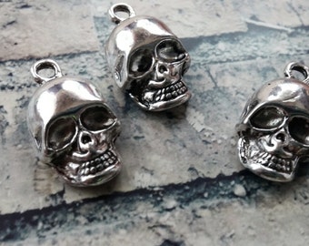 May include: Three silver-colored skull charms with a loop at the top for hanging. The skulls have detailed facial features, including eye sockets, a nose cavity, and a full set of teeth. The charms are likely for jewelry making or other crafts.