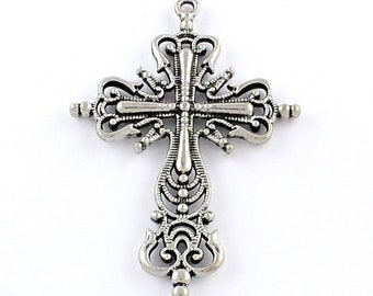 Large Cross Pendant Antiqued Silver Cross Charm Vintage Style Focal Pendant Religious Charm Ornate Cross 64mm