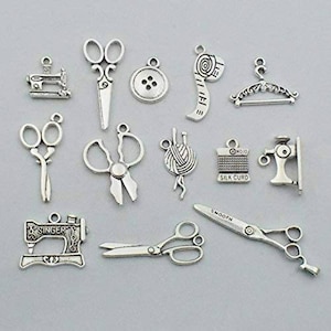 Sewing Charms Seamstress Charms Antiqued Silver Assorted Charms Lot Silver Scissor Charms Mixed Charms Wholesale Charms 6 pieces