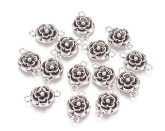 Rose Connector Charms Flower Charms Antiqued Silver Rose Charms Rose Link Charms Flower Link Charms 2 Holes 10pcs 12mm