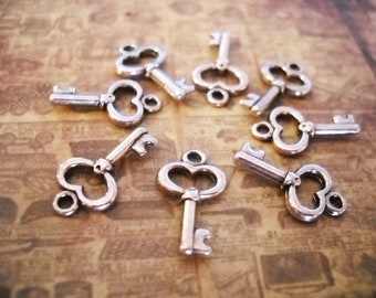 Silver Key Charms Antiqued Silver Charms Heart Key Charms Miniature Keys Skeleton Keys Tiny Key Charms BULK Charms 15mm 50 pieces