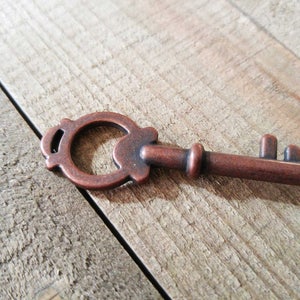 Copper Key Pendant Antiqued Copper Skeleton Key Charm Steampunk Key Charm 2 Sided Copper Pendant