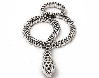 Grand pendentif serpent avec connecteur à breloques, serpent en argent vieilli, fabrication de bijoux, 47 mm