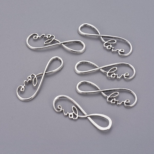 Infinity Links Connectors Infinity Pendants Connector Charms Word Charms Antiqued Silver Infinity Charms 10 pieces 39mm LOVE