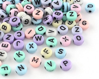 Lettres, perles, alphabet, perles assorties, perles acryliques, lettres acryliques, perles pastel, vente en gros, 50 pièces, 7 mm B