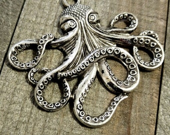Large Octopus Pendant Octopus Charm Octopus Connector Pendant Large Focal Pendant Antiqued Silver Octopus Kraken Nautical Pendant 57mm PRE