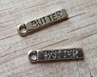 Word Charms BUTTER Charms Cooking Charms Chef Charms Silver Tags Antiqued Silver Charms Rectangle Charms Word Pendants 5 pieces
