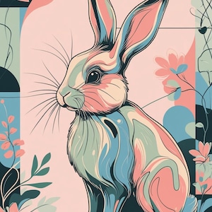 Pastel Bunny Wall Art Set of 4 – Whimsical Rabbit Digital Prints | Boho Nursery Decor | Floral Animal Illustration | Kids Room |  Study