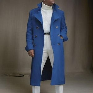 Men&#39;s Double Breasted Classic Blue Wool Blend Trench Coat