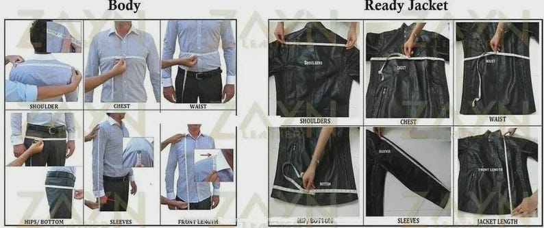 May include: Diagram illustrating how to measure the body and a ready jacket for clothing. The image shows measurements for the shoulder, chest, waist, hips/bottom, sleeves, and front length. The ready jacket measurements include shoulders, chest, waist, sleeves, and jacket length.