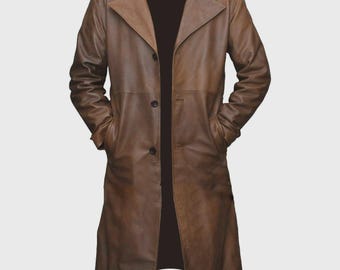 Men's Brown Waxed Leather Trench Coat - Steampunk Long Jacket
