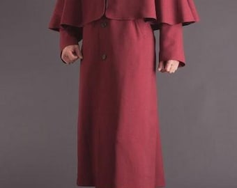Burgundy Wool Cape Coat: Men's Duster Jacket, Silk Lining