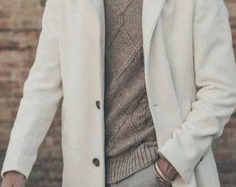 Gabardina blanca de lana para hombre, abrigo largo de invierno con dos botones, corte clásico