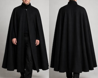 Men's Black Wool Long Cape: Handmade Costume Cape