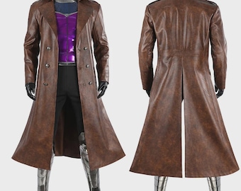 May include: A brown, double-breasted trench coat with a wide collar and a long, flowing design. The costume includes a purple and blue top, black pants, and silver metallic boots. The outfit is displayed on a mannequin.