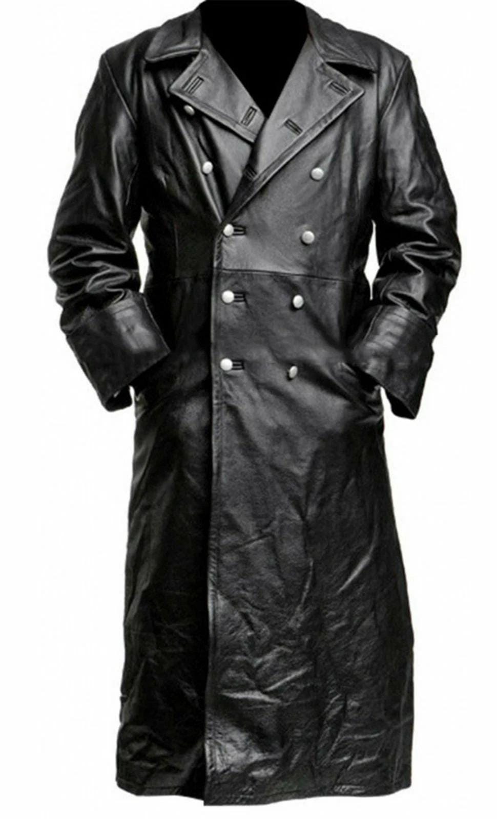 WW2 Inspired Black Cowhide Leather Trench Coat: Double Breasted
