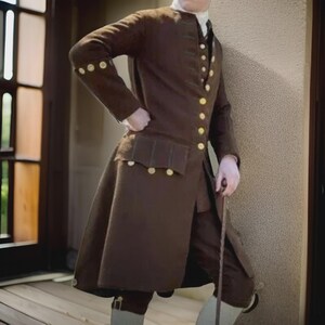 Men's Dark Brown Wool Frock Coat: Military Style Handmade Jacket