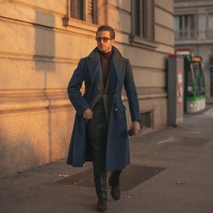 May include: A navy blue overcoat with a double-breasted design. The coat is worn over a burgundy turtleneck and a gray patterned blazer. The person is wearing dark green pants and brown shoes. The background shows a city street.