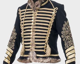 Black Napoleonic Hussar Jacket With Hand Embroidery For Men's