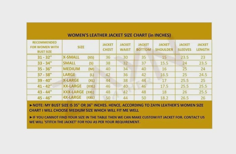 May include: A Women's Leather Jacket Size Chart in inches. The chart includes sizes from X-Small to 4X-Large, with corresponding measurements for chest, waist, bottom, shoulder, sleeves, and length. The chart also includes a note about choosing the correct size.