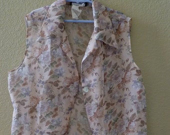 Sheer Floral Blouse, sleeveless short top, size Medium, sweet and feminine clothing