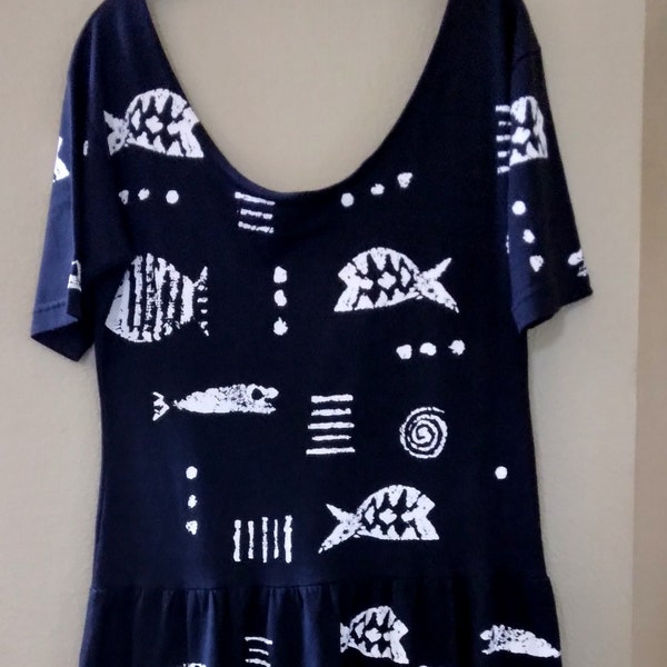 Cotton Dress, Black & White with stylized Fish motif, Woman's size Medium