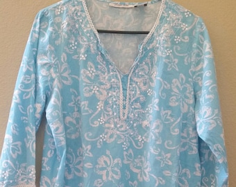 Cotton TUNIC TOP, Ocean blue with sequins, Size Women's medium