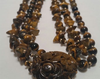 Brown Gold Tiger's Eye triple Strand Necklace with fancy carved Tiger's Eye clasp