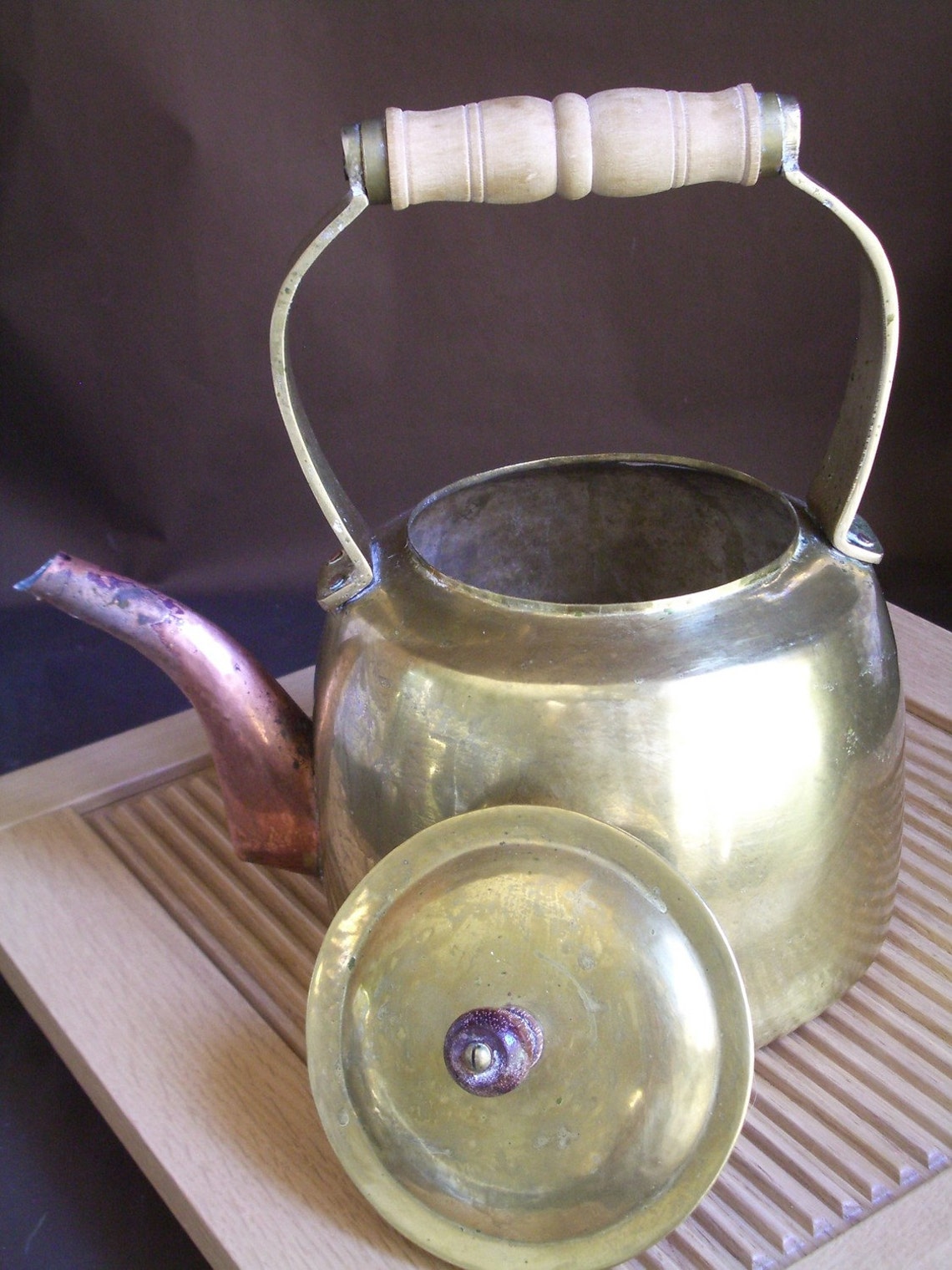 Rustic TEA KETTLE solid Brass with Copper Spout wooden Etsy