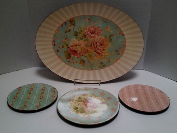 Vintage Decorative Melamine Plates Set Of 4 Shabby Chic English Cottage Country Kitchen Rose Motif